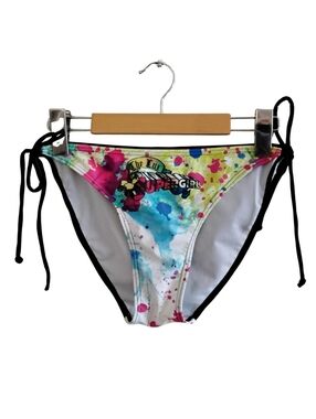 Tie-Side Multicolor Watercolor Bikini Bottom with Black Ties